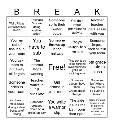 Spring Break Bingo Card