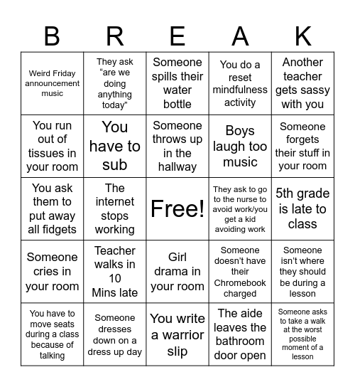 Spring Break Bingo Card