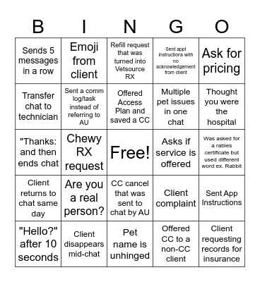 Live Chat Bingo Card