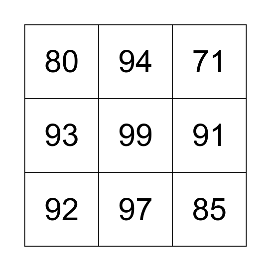 Les nombres 70-99 Bingo Card