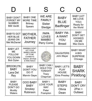 In the Family Way DISCO/BINGO Card