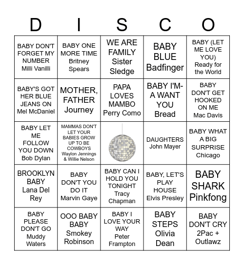In the Family Way DISCO/BINGO Card