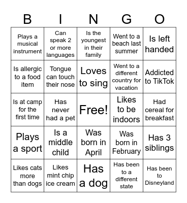 Get to know you Bingo Card