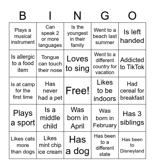 Get to know you Bingo Card