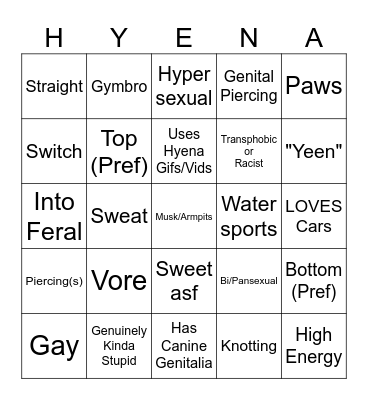 Hyena Fursona Bingo Card