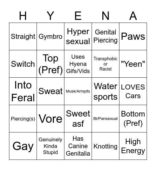 Hyena Fursona Bingo Card