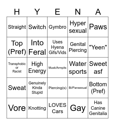 Hyena Fursona Bingo Card