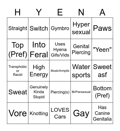 Hyena Fursona Bingo Card