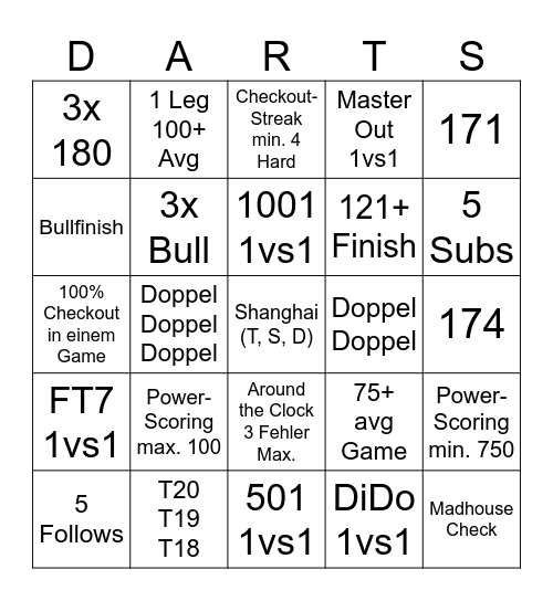 Darts Bingo Card