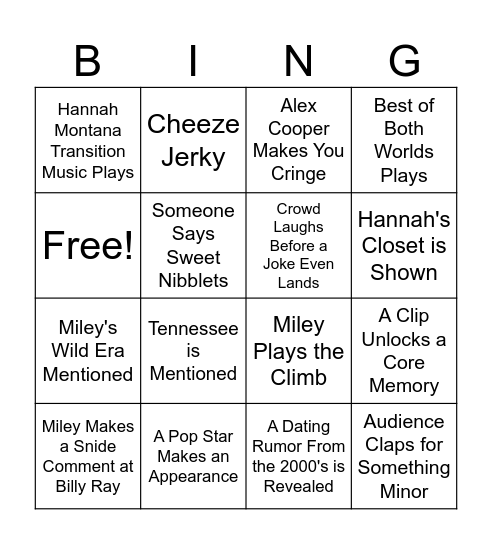 Hannah Montana Bingo Card