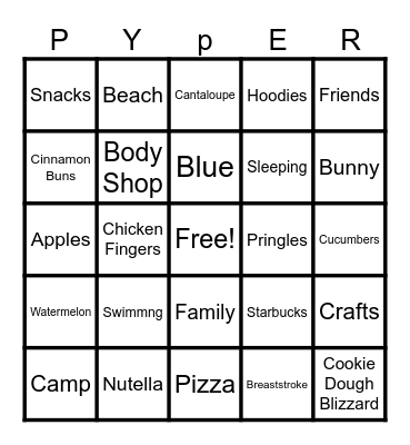 Pyper's Favourite Things Bingo Card