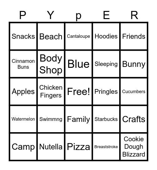 Pyper's Favourite Things Bingo Card