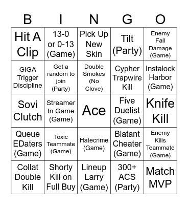 Valorant Bingo Card