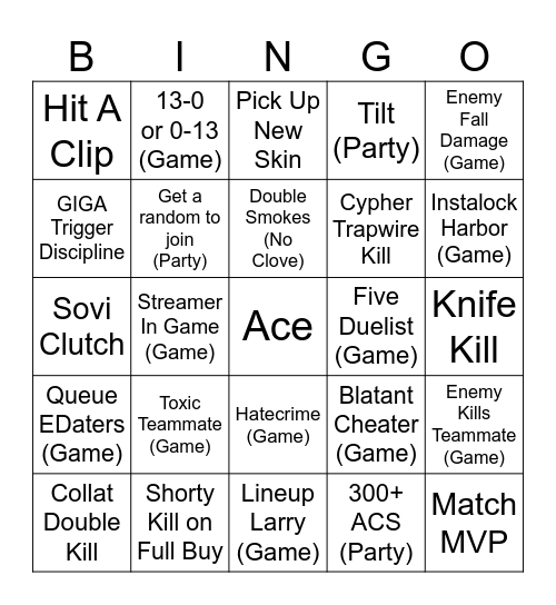 Valorant Bingo Card