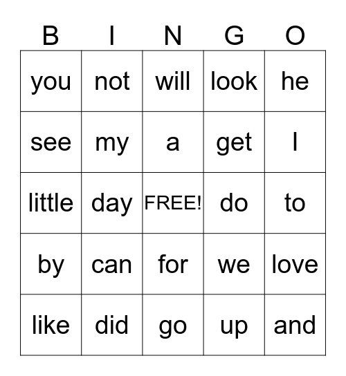 Sight Word Bingo Card