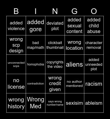 content farm sins Bingo Card