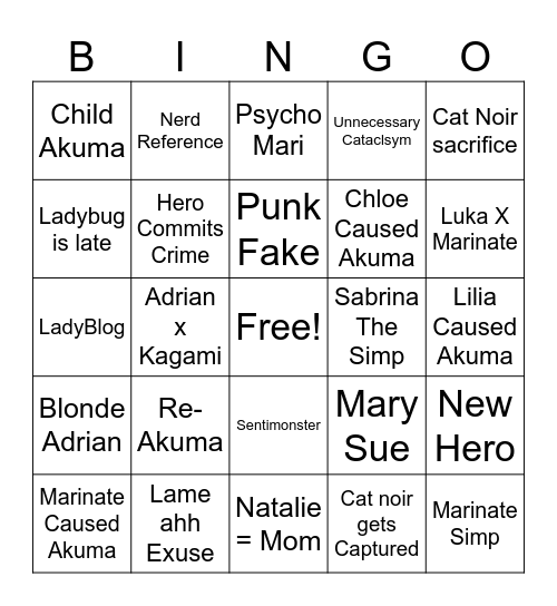 Miraculous Bingo NL Bingo Card