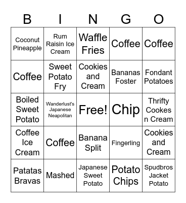 Aero's Scoops & Spuds Bingo Card