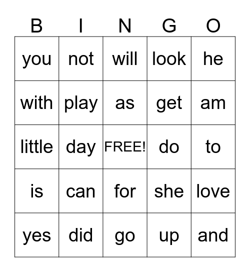 Sight Word Bingo Card