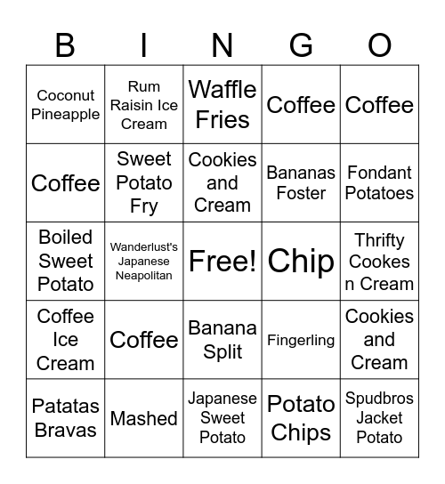 Aero's Scoops & Spuds Bingo Card