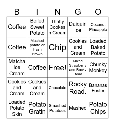 Aero's Scoops & Spuds Bingo Card