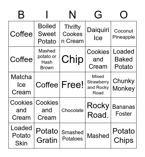 Aero's Scoops & Spuds Bingo Card