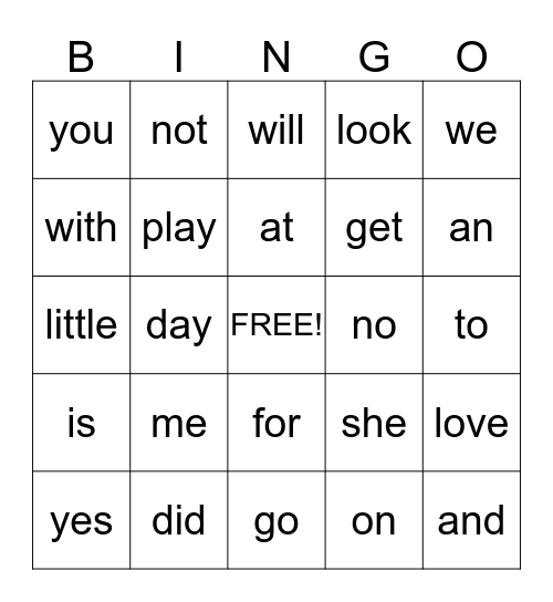 Sight Word Bingo Card