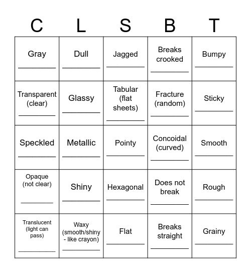 Mineral Properties Bingo Card