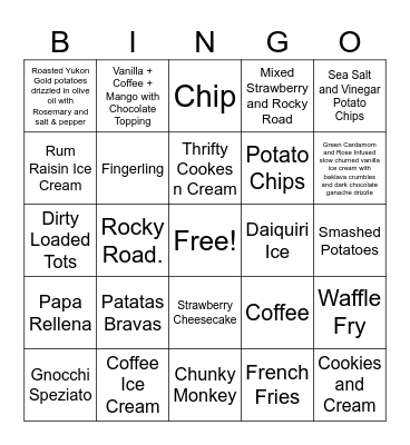 Aero's Scoops & Spuds Bingo Card