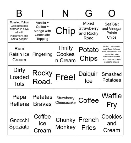 Aero's Scoops & Spuds Bingo Card