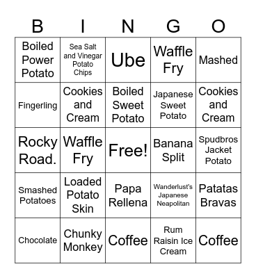 Aero's Scoops & Spuds Bingo Card