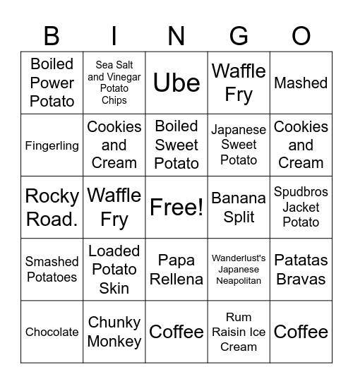 Aero's Scoops & Spuds Bingo Card