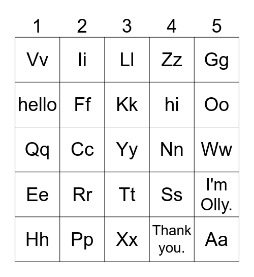 YBM - 3rd - Lesson 1 - Hello, ABC! Bingo Card