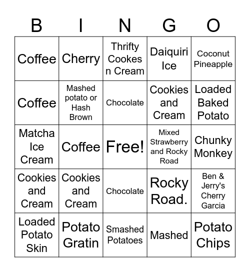 Aero's Scoops & Spuds Bingo Card