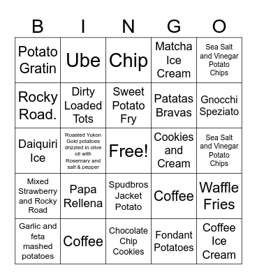 Aero's Scoops & Spuds Bingo Card