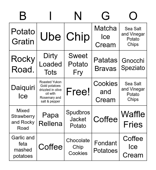 Aero's Scoops & Spuds Bingo Card