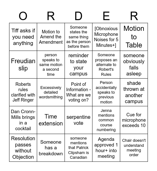 Delegate Assembly Bingo Card
