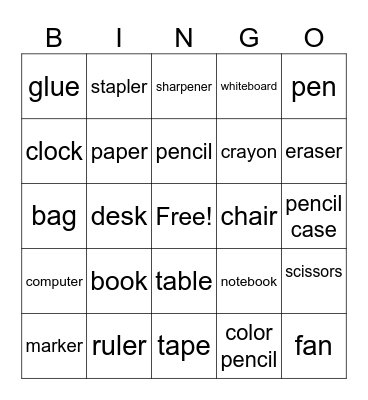 Things in the Classroom Bingo Card