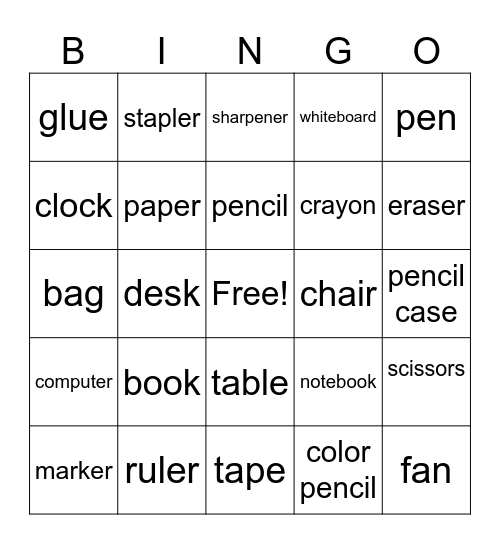 Things in the Classroom Bingo Card