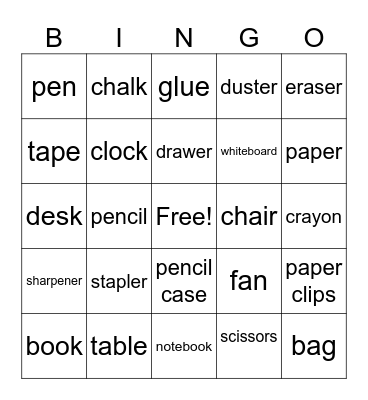 Things in the Classroom Bingo Card