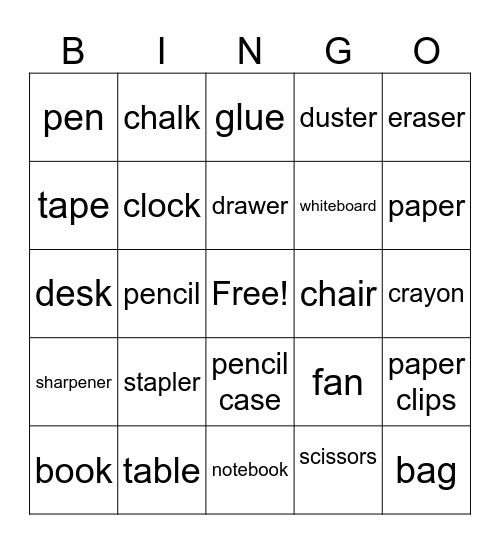 Things in the Classroom Bingo Card