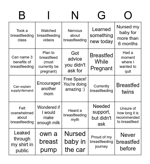 Breastfeeding Bingo Card