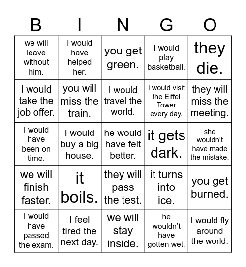 If sentences Bingo Card