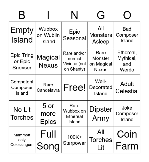 My Singing Monsters Random Island Bingo Card