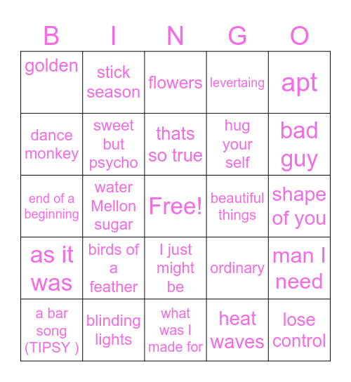 music bingo 2025 to 2026  pop Bingo Card