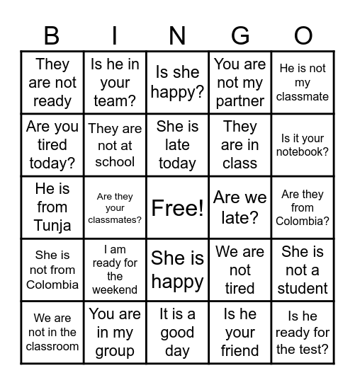 VERB TO BE Bingo Card