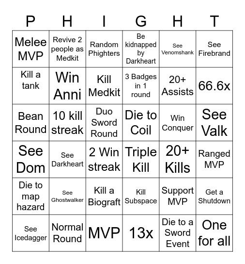 Phighting Bingo Card Bingo Card