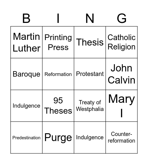 Reformation BINGO Card