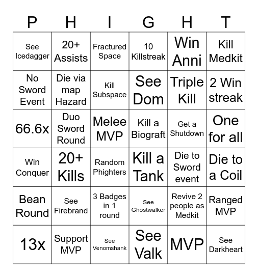 Phighting Bingo Card