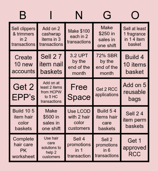 Sally Beauty Bingo Card